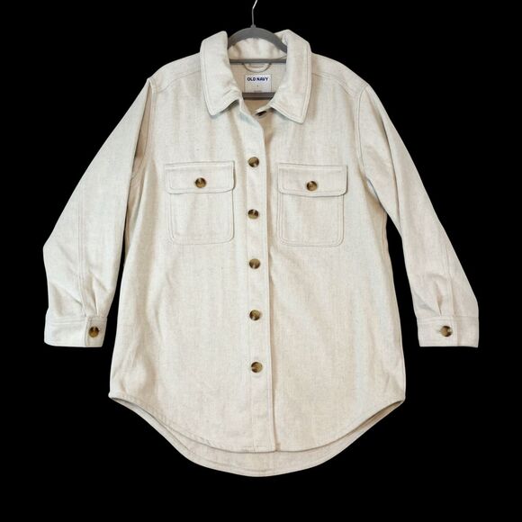 Old Navy Oversized Shacket Women's Sz L Cream Button Up Flannel Jacket Utility - Picture 1 of 7